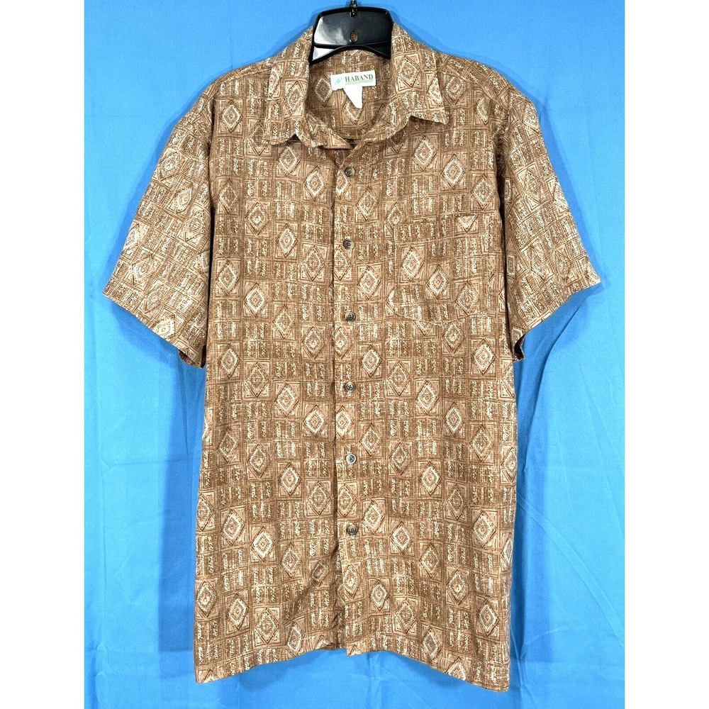 VTG HABAND Men's BROWN/CREAM Twill IKAT PRINT 1-Pocket BUTTON-UP CAMP SHIRT Sz L